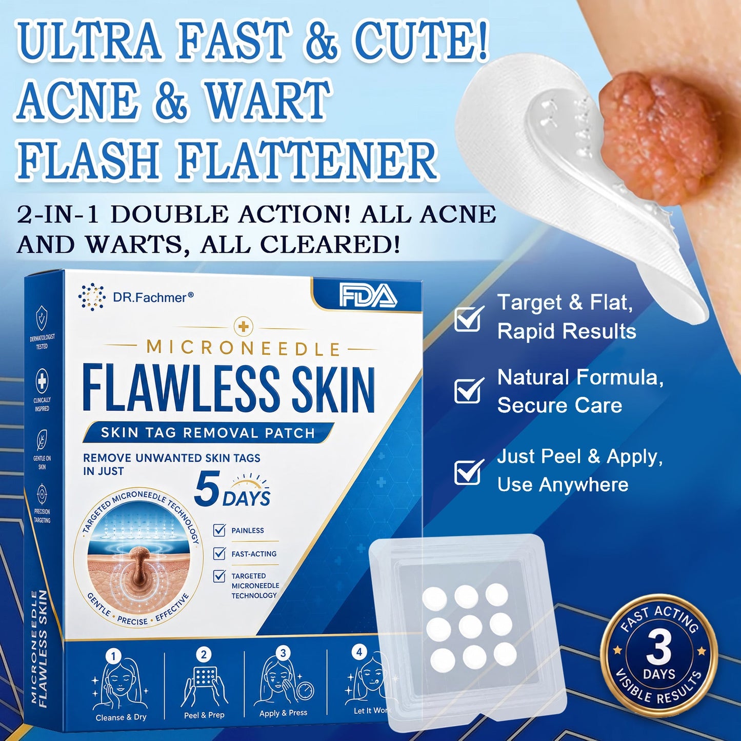 🩹 DR.Fachmer® 2-in-1 Microneedle & Hydrocolloid Patch | Raised Moles,Acne,  Flat Warts & Skin Tags Remover | Improves Wrinkles, Scars & Blemishes | Invisible Pimple Patches for Face & Body